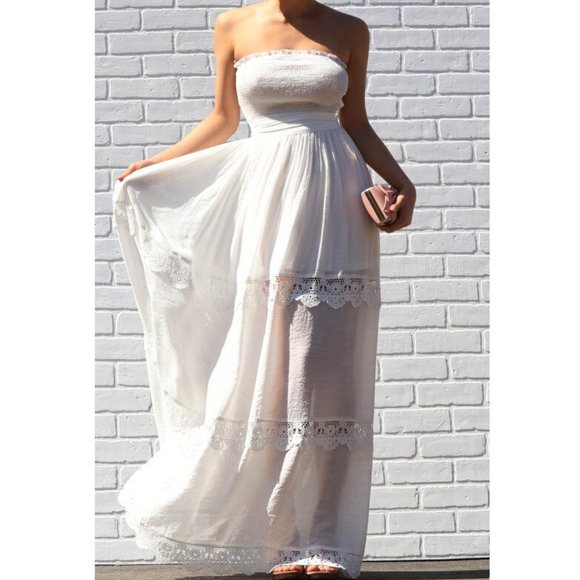 Boho Strapless Crochet Lace Trim Maxi Dress Bohemian White Long Dress - Picture 3 of 6
